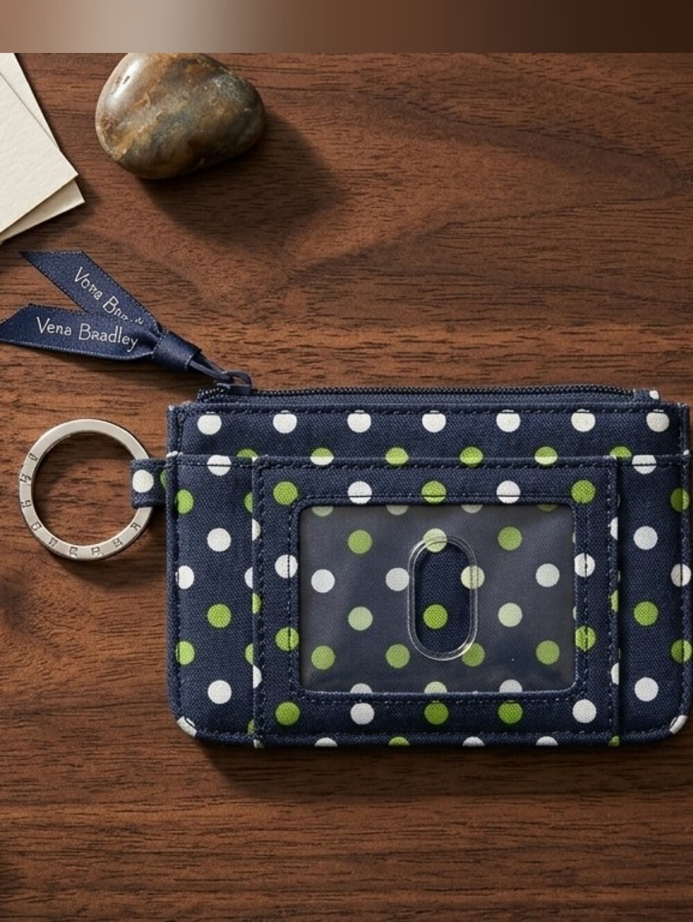Vera Bradley Lucky You Navy Polka Dot ID Keychain